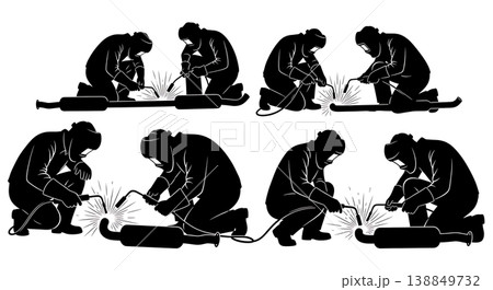 Black Solid Exhaust Pipe Welding Repair Silhouettes Set of Six on White Background 138849732
