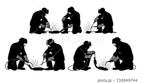 Black Solid Exhaust Pipe Welding Repair Silhouettes Set of Six on White Background 138849744