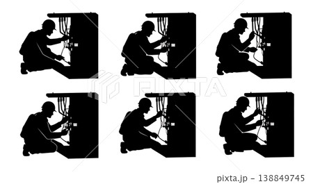 Black Solid Examining Wing Flap Hydraulic Engineer Silhouettes Set of Six on White Background Black Solid Examining Wing Flap Hydraulic Engineer Silhouettes Set of Six on White Background 138849745