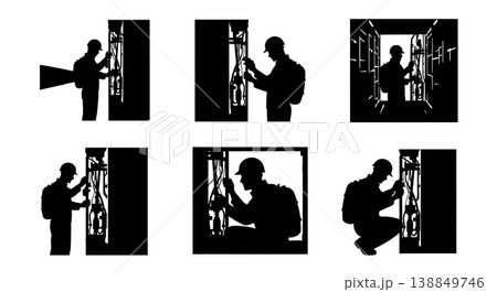 Black Solid Examining Wing Flap Hydraulic Engineer Silhouettes Set of Six on White Background 138849746