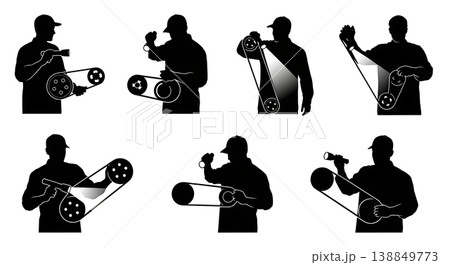 Black Solid Examining Serpentine Belt Technician Silhouettes Set of Six on White Background 138849773