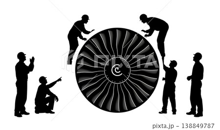 Black Solid Examining Jet Engine Fan Blade Technician Silhouettes Set of Six on White Background Black Solid Examining Jet Engine Fan Blade Technician Silhouettes Set of Six on White Background 138849787