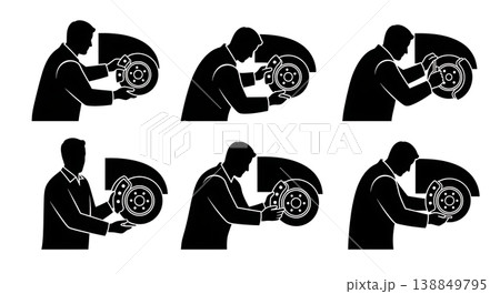 Black Solid Examining Brake Rotor Pad Technician Silhouettes Set of Six on White Background 138849795