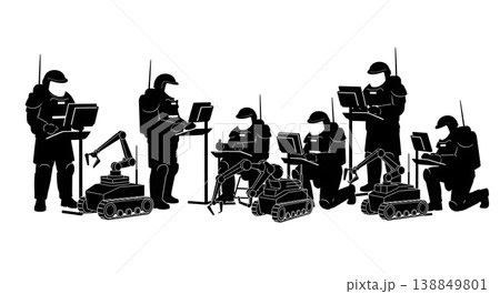 Black Solid EOD Bomb Disposal Robot Operators Silhouettes Set of Six on White Background 138849801