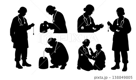 Black Solid Female Military Doctor Wound Silhouettes Set Of Six On White Background Black Solid Female Military Doctor Wound Silhouettes Set Of Six On White Background 138849805