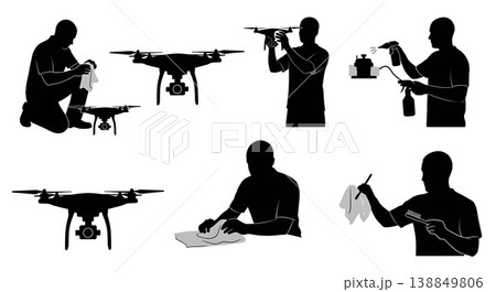 Black Solid Engineer Soldering Heavy Lifter Drone Silhouettes Set of Six on White Background Black Solid Engineer Soldering Heavy Lifter Drone Silhouettes Set of Six on White Background 138849806