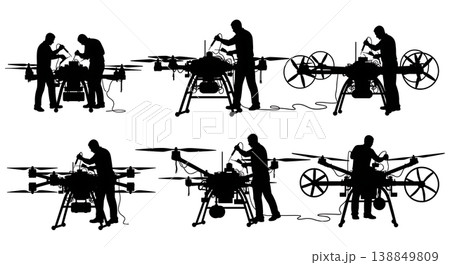 Black Solid Engineer Soldering Heavy Lifter Drone Silhouettes Set of Six on White Background Black Solid Engineer Soldering Heavy Lifter Drone Silhouettes Set of Six on White Background 138849809