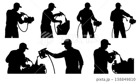 Black Solid Engine Throttle Body Cleaning Silhouettes Set of Six on White Background Black Solid Engine Throttle Body Cleaning Silhouettes Set of Six on White Background 138849810