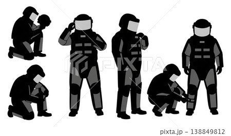 Black Solid EOD Bomb Suit Maintenance Technicians Silhouettes Set of Six on White Background 138849812