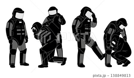 Black Solid EOD Bomb Suit Maintenance Technicians Silhouettes Set of Six on White Background 138849813