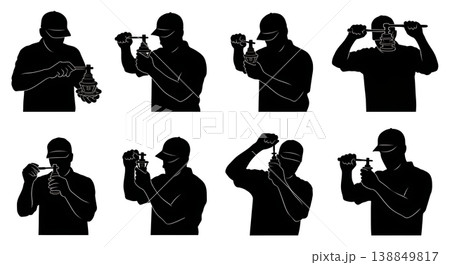 Black Solid Engine Thermostat Installation Silhouettes Set of Six on White Background 138849817