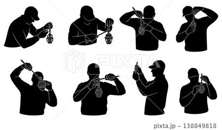 Black Solid Engine Thermostat Installation Silhouettes Set of Six on White Background 138849818