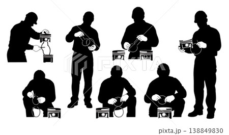 Black Solid Engine Piston Ring Replacement Silhouettes Set of Six on White Background 138849830