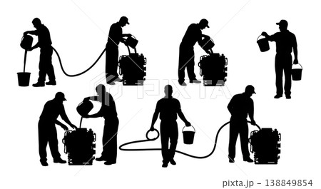 Black Solid Engine Coolant Flush Service Silhouettes Set of Six on White Background Black Solid Engine Coolant Flush Service Silhouettes Set of Six on White Background 138849854