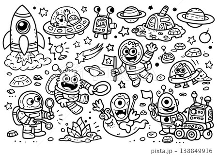 Astronaut alien rocket spaceship planet space cartoon black and white Astronaut, alien, rocket Astronaut alien rocket spaceship planet space cartoon black and white Astronaut, alien, rocket 138849916
