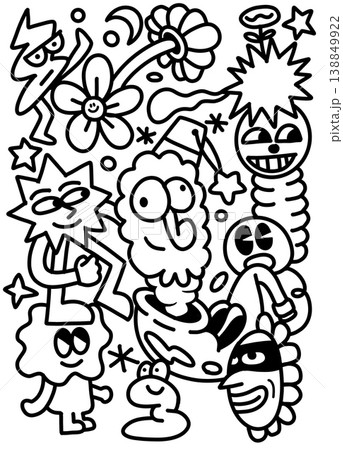 Cartoon monster flower star moon doodle black and white abstract playful happy Cartoon monster flower star moon doodle black and white abstract playful happy 138849922