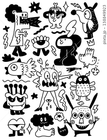 Cartoon monster doodle black and white abstract quirky playful expressive fantasy 138849923