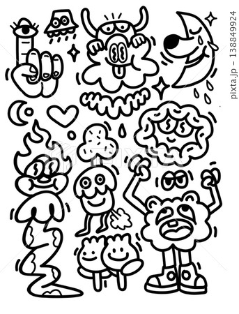 Cartoon monster moon cloud heart flame mushroom doodle happy playful black and white Cartoon monster moon cloud heart flame mushroom doodle happy playful black and white 138849924