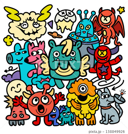 Cartoon monster alien animal fantasy colorful cute happy doodle group illustration Cartoon monster alien animal fantasy colorful cute happy doodle group illustration 138849926
