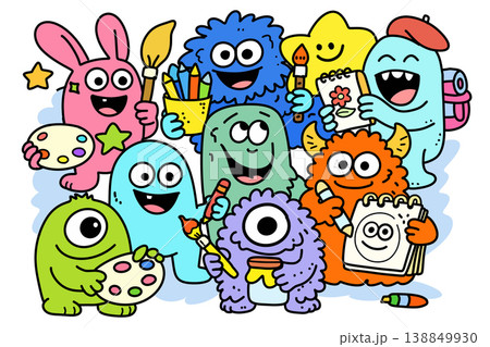 Colorful cartoon monster group holding art supplies, smiling, creative, playful, happy Colorful cartoon monster group holding art supplies, smiling, creative, playful, happy 138849930