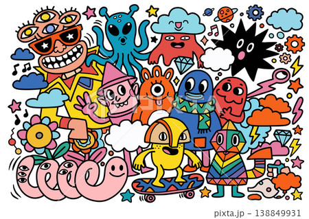 Colorful cartoon monster doodle, happy creatures, playful mood, fantasy, whimsical style 138849931
