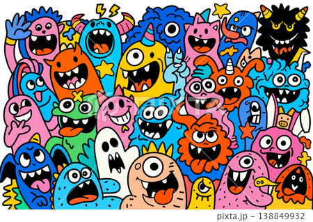 Colorful cartoon monster group with happy, silly, and playful expressions, doodle style Colorful cartoon monster group with happy, silly, and playful expressions, doodle style 138849932