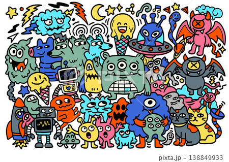 Colorful cartoon monster doodle, happy and playful creatures, fantasy animals, cute aliens 138849933