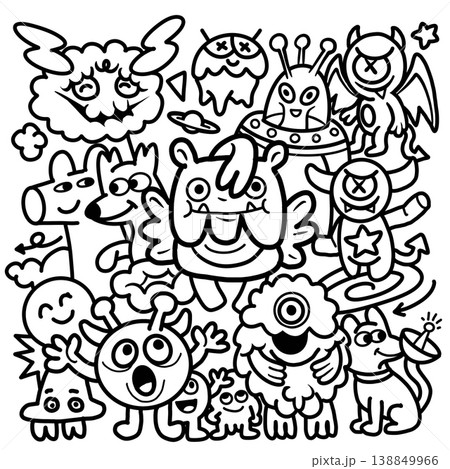 Cute monster doodle, cartoon alien, winged creature, cyclops, happy animal, playful fantasy art 138849966