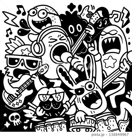 Cartoon monster music band black and white energetic fun illustration singing Cartoon monster music band black and white energetic fun illustration singing 138849967