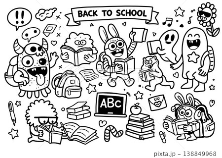 Back to school monster doodle, cartoon character, book, backpack, happy, study, education 138849968