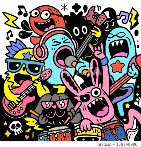 Cartoon band colorful monster music guitar drum singing energetic fun illustration 138849980