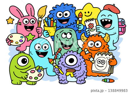 Colorful cartoon monster group holding art supplies, smiling, creative, playful, happy Colorful cartoon monster group holding art supplies, smiling, creative, playful, happy 138849983
