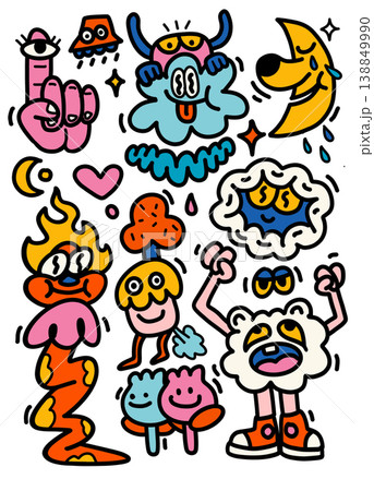 Colorful cartoon doodles, playful monster, cloud, moon, heart, and whimsical characters with Colorful cartoon doodles, playful monster, cloud, moon, heart, and whimsical characters with 138849990