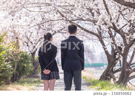 満開の桜の下に立つ高校生の後ろ姿 満開の桜の下に立つ高校生の後ろ姿 138850062