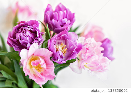 romantic spring floral arrangement soft pink and purple tulip bouquet. Greeting card with flowers 138850092