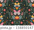 Vector seamless pattern with ornate butterflies, flowers and plants. Folk art floral natural endless background. 138850147