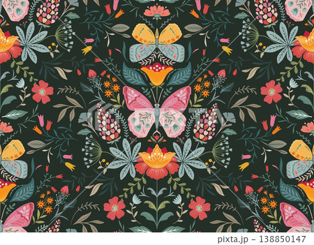 Vector seamless pattern with ornate butterflies, flowers and plants. Folk art floral natural endless background. Vector seamless pattern with ornate butterflies, flowers and plants. Folk art floral natural endless background. 138850147