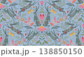 Vector seamless pattern with ornate hares, butterflies, flowers, plants forest tree branches. Folk art floral natural endless background. 138850150