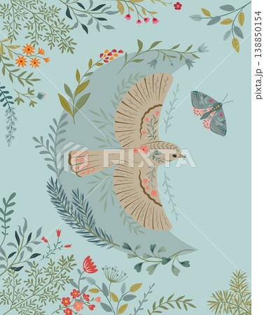 Vector Folk Nordic art posters template with animals and plants. Birds and butterflies in floral ornament. Modern trendy minimal style. Hand drawn design for wall decor, print, postcard, banner. 138850154