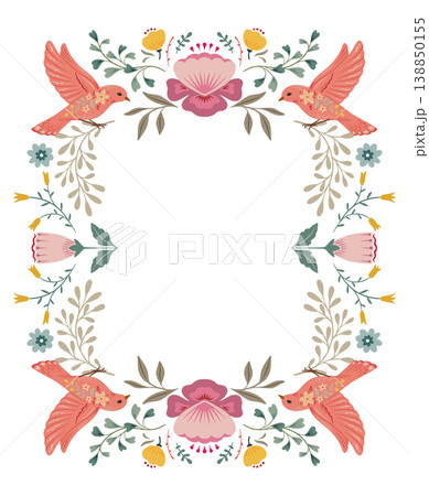 Vector hand drawn frame with animals in folk Nordic Scandinavian style. Birds, flowers and tree branches in floral wreath Vector hand drawn frame with animals in folk Nordic Scandinavian style. Birds, flowers and tree branches in floral wreath 138850155