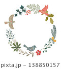 Vector hand drawn frame with animals in folk Nordic Scandinavian style. Birds, flowers and tree branches in floral wreath 138850157