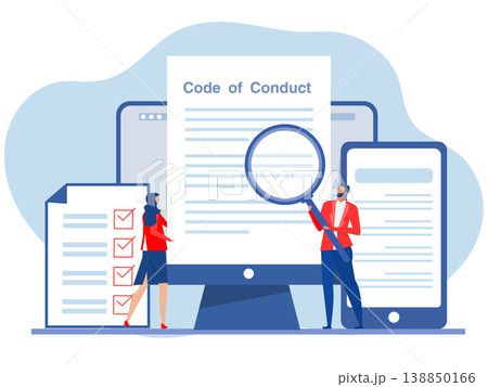 Team Business Understanding the code of conduct and check marks sign document compliance approval representing corporate ethics and compliance. vector. Team Business Understanding the code of conduct and check marks sign document compliance approval representing corporate ethics and compliance. vector. 138850166