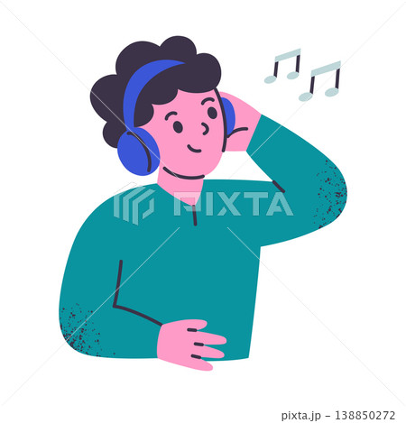 Little boy character in headphones listening to music, textured flat cartoon kid enjoying songs and melodies. Children music hobby and learning, playful vector illustration 138850272