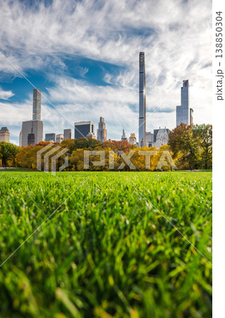 Low angle view of green grass field in Central Park with Manhattan skyline and autumn trees under dramatic clouds in New York City USA 138850304