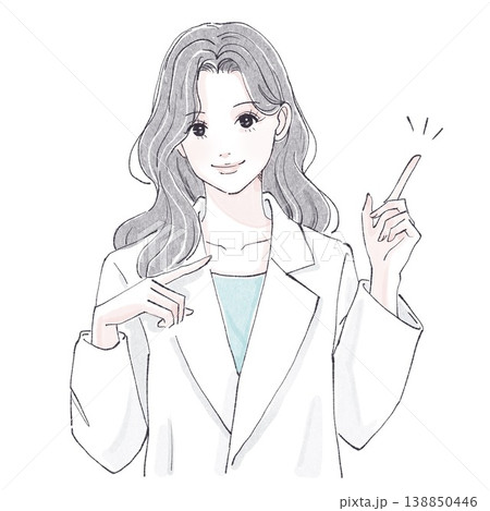 指を刺す、説明をする女医、医師、医者、白衣 / 水彩画・手描き風の女性・女の子のイラスト素材 138850446