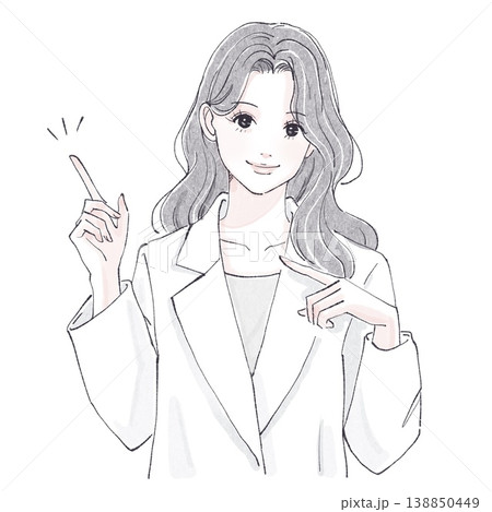 指を刺す、説明をする女医、医師、医者、白衣 / 水彩画・手描き風の女性・女の子のイラスト素材 138850449