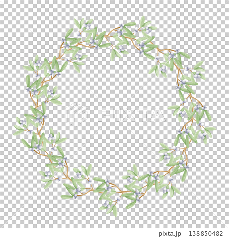 Watercolor mistletoe branches round wreath frame isolated on white. Traditional Christmas plant for winter holidays stickers and labels design. Elegant botanical hand drawn template with copy space Watercolor mistletoe branches round wreath frame isolated on white. Traditional Christmas plant for winter holidays stickers and labels design. Elegant botanical hand drawn template with copy space 138850482