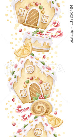 Delicious Christmas desserts watercolor seamless border isolated on white. Gingerbread house cookie with candy canes, cakes and dry orange slices vertical repeat background. Winter holidays sweet food 138850484