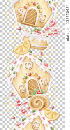 Delicious Christmas desserts watercolor seamless border isolated on white. Gingerbread house cookie with candy canes, cakes and dry orange slices vertical repeat background. Winter holidays sweet food 138850484
