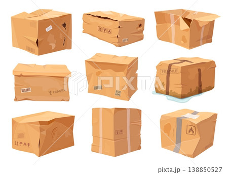 Crumpled and damaged cargo delivery boxes with torn edges and wrinkled surfaces. Cartoon vector broken ripped parcel cardboard package for delivery problems, recycling education materials 138850527